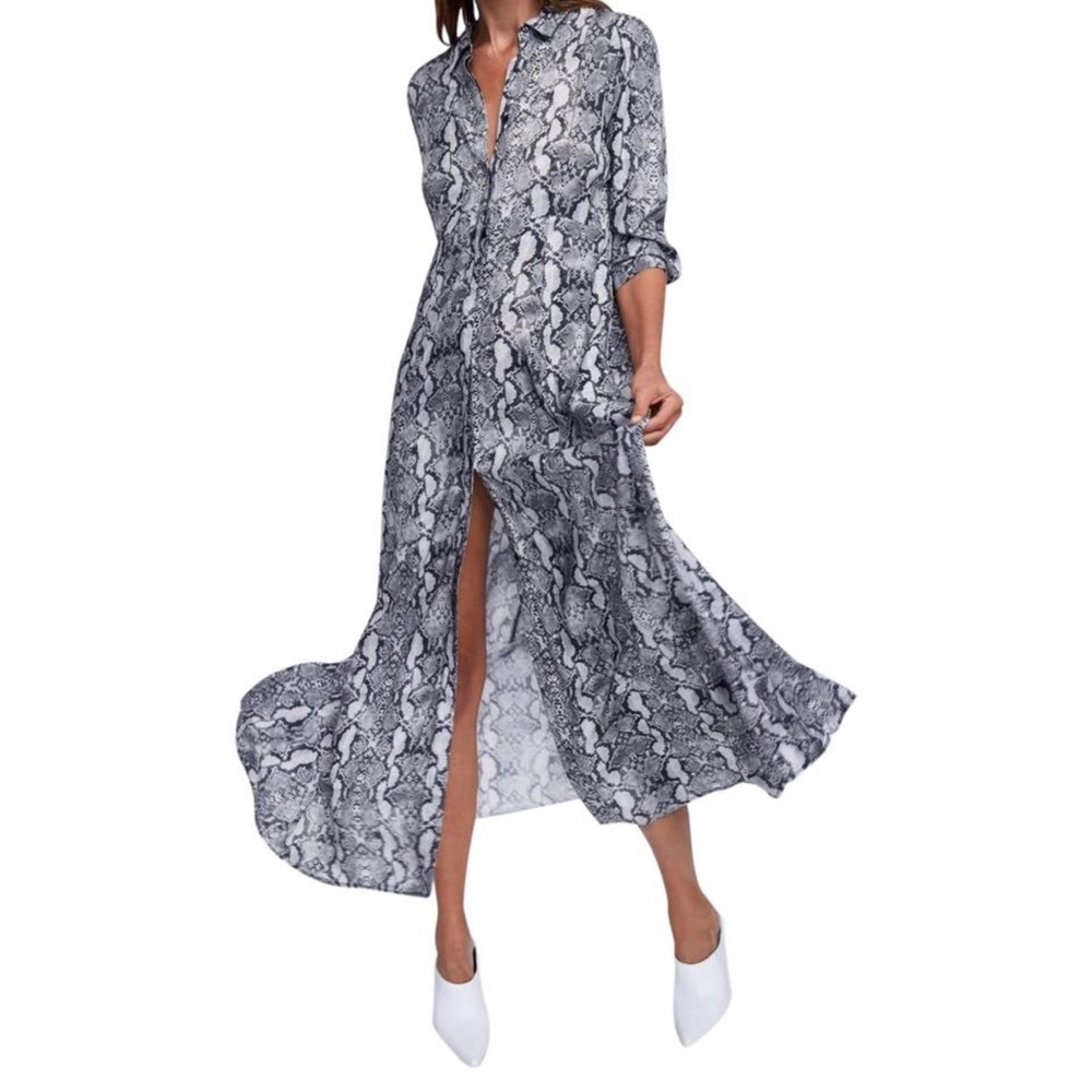 NWT ZARA Snakeskin Maxi Shirt Dress Gray MED